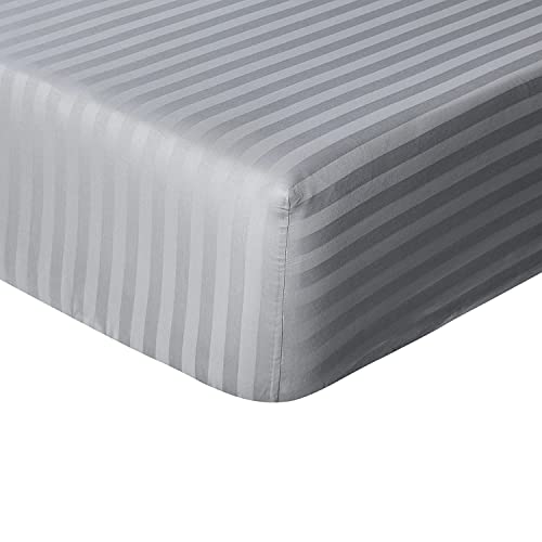 Sleepdown Hotel Quality Fitted Sheet 100% Cotton Satin Stripe Warm Cosy Breathable Super Soft Bedsheet Bed Linen Easy Care 32cm Extra Deep Pockets - Grey - Double, 5056557514045