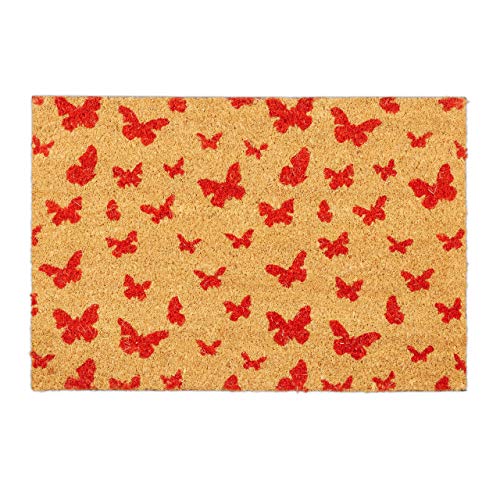 Relaxdays Butterfly Pattern Welcome Doormat Coir, 40 x 60 cm, Door Mat Inside & Outside, Non-Slip Shoe Wiper, Brown/Red
