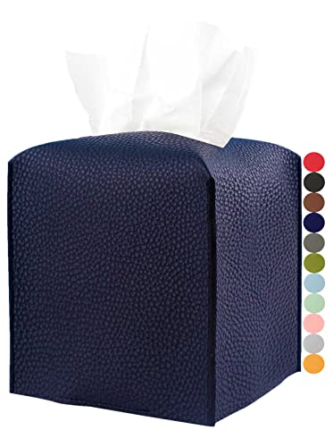 Leather Tissue Box Cover Square ??? [JESMINI, Navy Blue] Modern PU Leather Tissues Cube Box Holder Decorative for Bathroom Vanity Countertop/Night Stands/Office Desk, 5x5x5