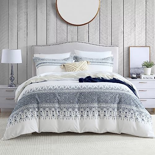 CozyDH Duvet Cover King Size - 100% Cotton Boho Blue White Cream Aztec Geometric Pattern Soft & Lightweight 3PCS 400TC Bedding Set with Zipper Closure 8 Ties(Bohemian, 104x90, No Comforter)