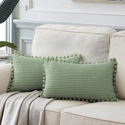 Fancy Homi Set of 2 Sage Green Decorative Lumbar Throw Pillow Covers with Pom-poms, Soft Corduroy Rectangle Cushion Covers for Sofa Bedroom Car Living Room (12x20 Inch, Green)