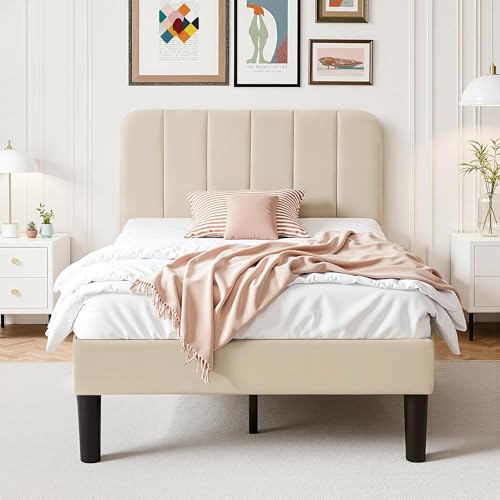 VECELO Single Bed Frame with Velvet Upholstered Headboard, Platform Bed Frame with Wooden Slats Support, Heavy Duty Metal Frame, Noise Free, No Box Spring Needed, Easy Assembly