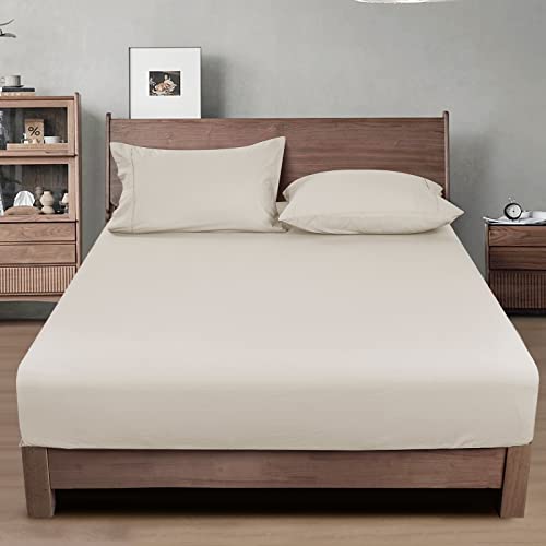 "PHF 100% Garment Washed Cotton Fitted Sheet Full Size - Cozy Cloud Soft Linen Like Bottom Sheet Only with Elastic Deep Pockets, Easy Fit Breathable Warm not Shrink,54""x 75"",Linen,No Pillowcase"