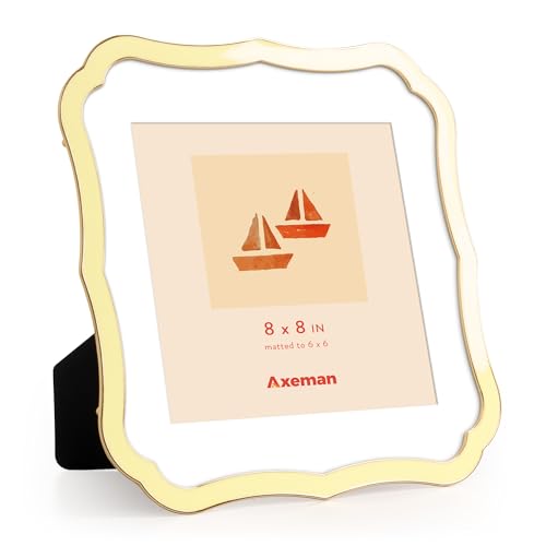 Axeman 8x8 Square Picture Frame with Mat for 6x6 Photo-Tempered Glass-8 x 8 Ornate Enamel Photo Frame with Gold Metal Edge Velvet Back for Tabletop and Wall Mount Display for Shelf & Desk, Yellow