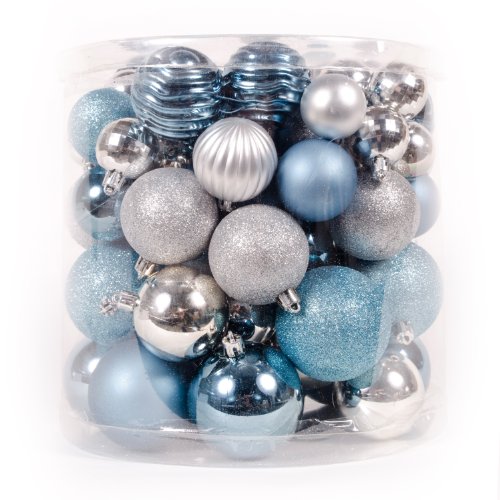 WeRChristmas 80-Piece Deluxe Variety Christmas Tree Baubles Decoration Pack, Blue/Silver