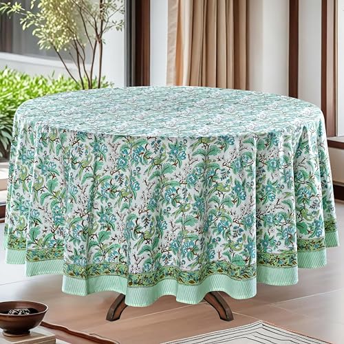 Ridhi Round Tablecloth Hand Block Print 100% Cotton Reusable Sage and Russian Green 60 Inch Table Cover Decorative Everyday Use for Dining, Home, Wedding, Farmhouse Gift for Spring, Mother's Day