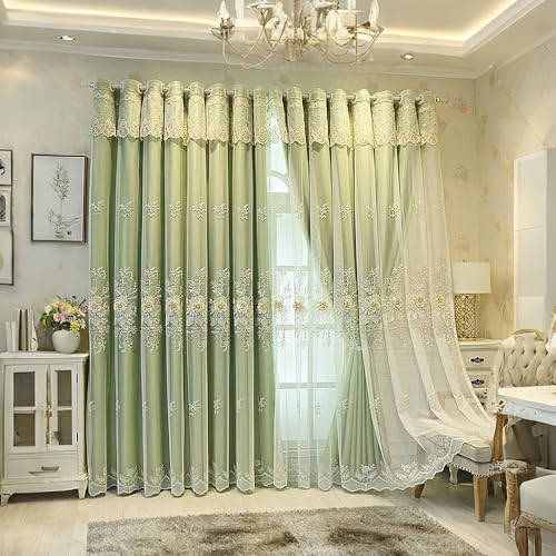 Amidoudou 1 Pair Luxury European Curtains with Valance for Living Room Bedroom Double Layer Embroidered Room Darkening Curtains (Green,51x84 Inch)