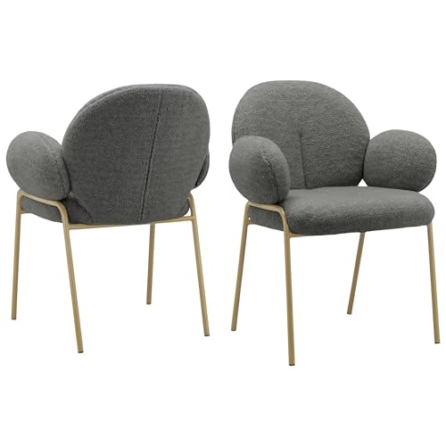 Iwama Dining Chair Set of 2 – Dark Grey Teddy Fabric Upholstered Chairs with Metal Legs, 62 × 63 × 83 cm (W x D x H)