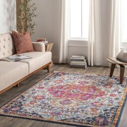 Livabliss Chinu Erfoud Vintage Style Floor Covering 200x275 cm – Traditional Boho Pattern for Living Room, Dining & Kitchen, Easy Care, Orange, Fuchsia, Navy & Beige