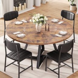 Jocoevol Round Dining Table and 4 Chairs Set of 4, Circle Dinner Table with Metal Frame, Space Saving Wood Industrial Furniture (Vintage, 42 inch)