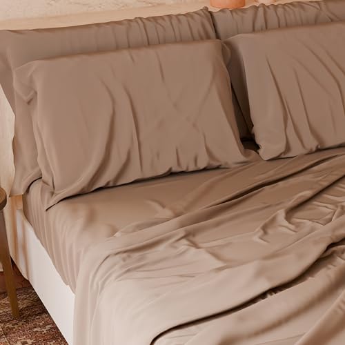 PETTI Artigiani Italiani - 4 Piece Double Bed Sheet Set, Soft and Breathable, Bed Set with Top Sheet, Fitted Bottom Sheet and 2 Pillowcases Mud Sheets