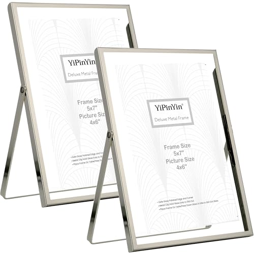Silver 5x7'' Floating Frame Set of 2, For Photo Sizes (3.5x5'', 4x 6''), Silver Plated Metal Frames 5x7'' for Tabletop/Shelf Display, Classy Gift Choice for Wedding, Thanksgiving, Christmas,Birthady.
