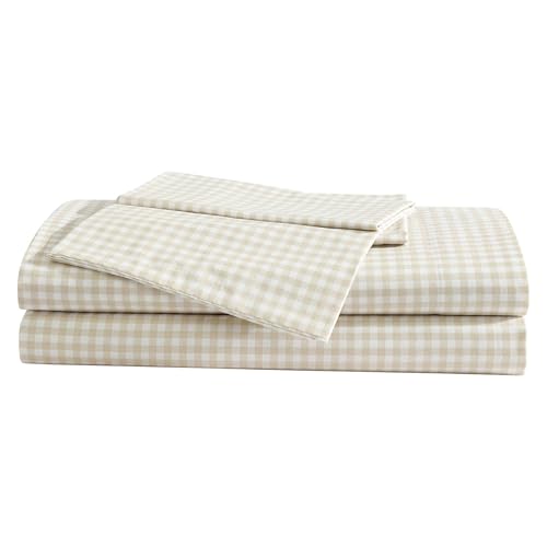 Eddie Bauer - Sheet Set, Cotton Percale Bedding with Matching Pillowcase, Crisp & Breathable, 200-Thread Count, Classic Comfort Essentials (Little Gingham Beige, Full)