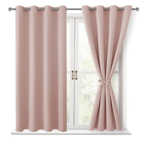Hiasan Blackout Curtains for Bedroom, 52 x 54 Inches Long - Thermal Insulated Light Blocking Window Curtains for Living Room, 2 Drape Panels Sewn with Tiebacks, Blush