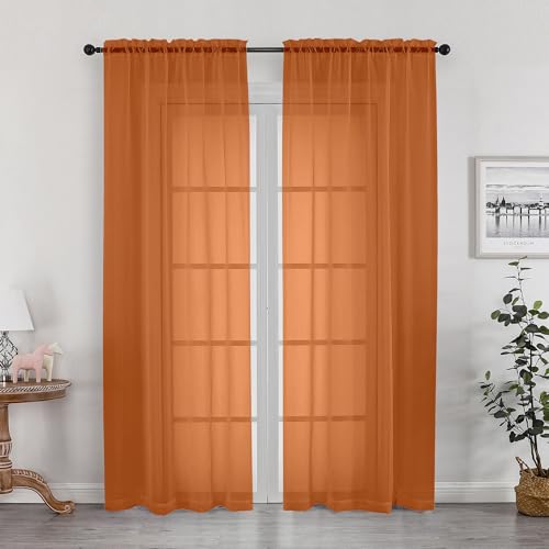 OWENIE Sheer Curtains 72 Inches Long 2 Panels Set, Light Filtering Sheer Curtain Rod Pocket Clear Drapes for Living Room Bedroom Window Sliding Door, Each 42 x 72 Inch, Orange