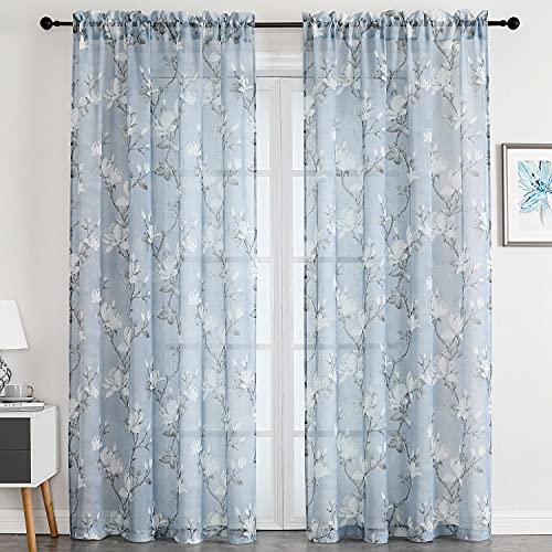 SMILE WEAVER Blue Floral Semi Sheer Curtains 45 Inch 2 Panels - Stylish Floral Design,Linen Textured , Light Filtering Privacy,45 Inches Length,Living Room Bedroom Kitchen