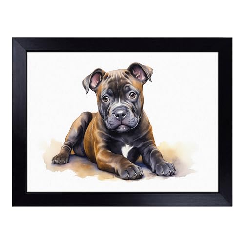 Lap Tray with Bean Bag Cushion, Staffordshire Bull Terrier Watercolour - Handmade in the UK, Raised Wooden Edge, Padded Cushion, Heat-Resistant Wipe-Clean Surface, for Meals, Laptops and Crafts