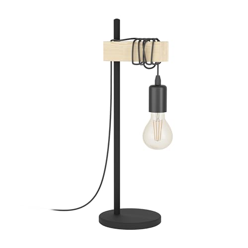 Eglo Table lamp Townshend, Vintage Bedside lamp in Industrial Design, Retro Living Room Lighting, Black Metal and Natural Wood, FSC Certified, Socket E27, incl. Switch