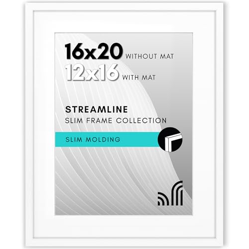 Americanflat 16x20 Picture Frame with Polished Plexiglass - Use as 12x16 Frame with Mat or 16x20 Frame Without Mat - Streamline Collection - Thin Picture Frame for Wall Display - White