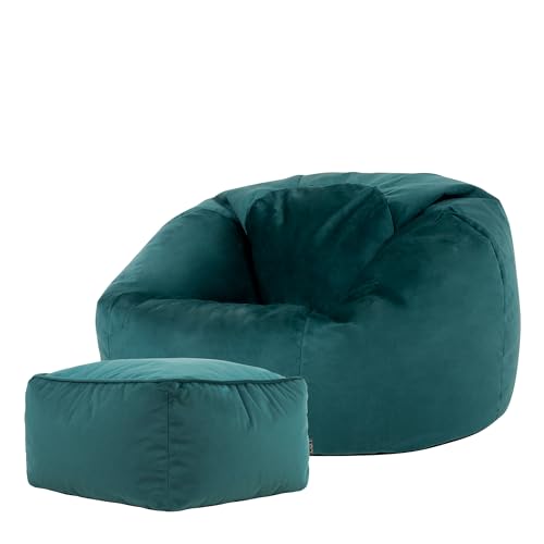 icon Kingston Velvet Bean Bag with Footstool, Teal Green, Large Adult Bean Bag Chair with Filling Included, Accent Chair, Pouffe Footstool, Living Room, Living Room Furniture, Bedroom Furniture