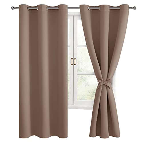 Hiasan Blackout Curtains for Bedroom, 42 x 63 Inches Length - Thermal Insulated & Light Blocking Window Curtains for Living Room/Kids Room, 2 Drape Panels Sewn with Tiebacks, Khaki