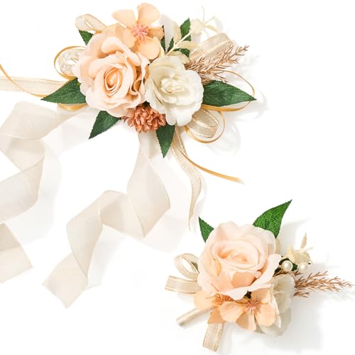 Alecono Champagne Corsage and Boutonniere Set, Corsages for Bride Bridesmaid Groom Bridegroom, Artificial Flowers for Prom Graduation Ceremony Anniversary