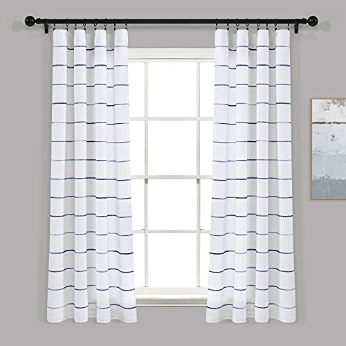 "Lush Decor Ombre Stripe Yarn Dyed Cotton Window Curtain Panel Set - Colorful Tufted Yarn Stripe Detail - 2 Window Panels - 40"" W x 63"" L, Navy"