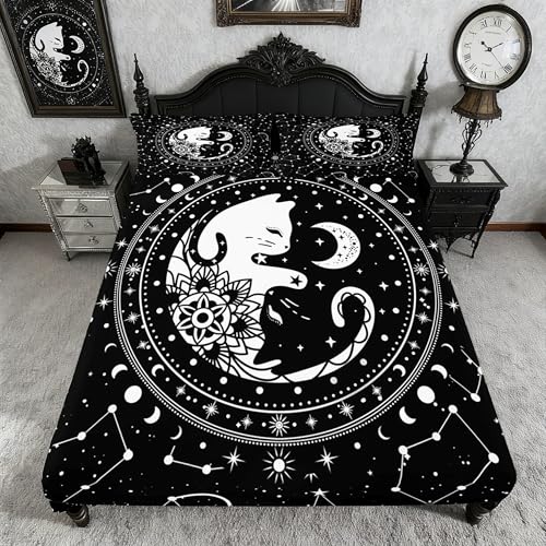Cute Cats Fitted Sheet Twin,Gothic Starry Galaxy Moon Universe Bedding Sheet 2pcs for Kids Teens Boy Girls Room Decor,Animals Flower Plants Deep Pocket Sheet Black Exotic Bed Cover,1 Pillowcase