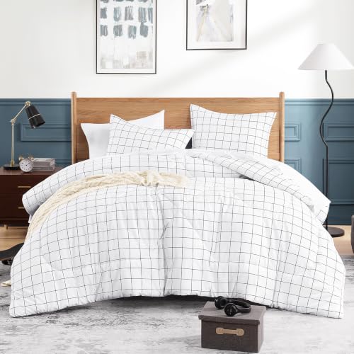 Andency White Grid Comforter Sets Queen (90x90 Inch), 3 Pieces(1 Grid Comforter and 2 Pillowcases), White and Black Soft Microfiber Down Alternative Comforter