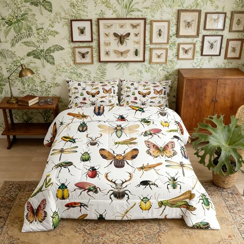 Homewish 3D Insects Bedding Sets Queen,Ladybug Moth Beetle Duvet Cover 3Pcs for Kids Teens Woman Men Room Decor,Dragonfly Wildlife Quilt Cover Reptile Entomology Theme Comforter Cover,2 Pillowcases