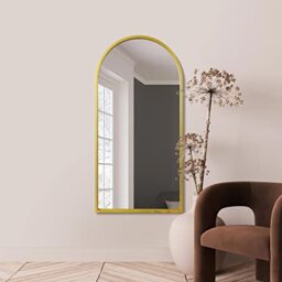 "MirrorOutlet The Arcus - Gold Framed Modern Full Length Arched Leaner/Wall Mirror 55"" X 27.5"" (140CM X 70CM) Silver Mirror Glass with Black All weather Backing"