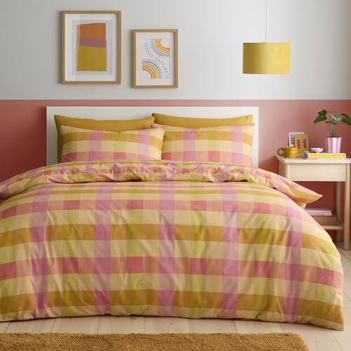 Fusion Block Check Orange Duvet Cover Set Super King 260 x 220cm – Easy Care Check Bedding with Modern Block Design, Includes 2 Pillowcases