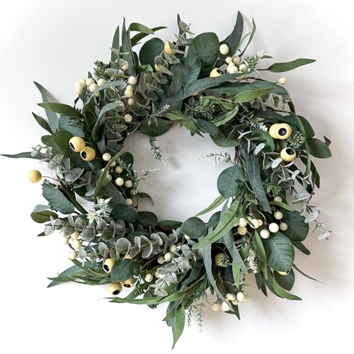 HomeKaren Wreaths for Front Door 22 Inch, All Season Greenery Wreath Olive Eucalyptus Leaves and White Mixed Berry for Indoor Outdoor Farmhouse Home Porch Wall Window Festival Wedding Decor