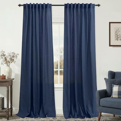 KOUFALL 9FT Curtains 9 FT Foot Linen Curtain 108 Inches Long,Navy Blue Sheer Pleated Picture Window Curtains for High Ceiling Living Room Sliding Glass Door 2 Panels Set