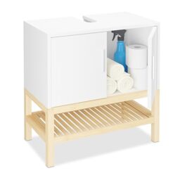 Relaxdays Washbasin Base Cabinet with Shelf, HWD: 60.5 x 60 x 33 cm, Bamboo & MDF, Bathroom Vanity Unit, White/Natural