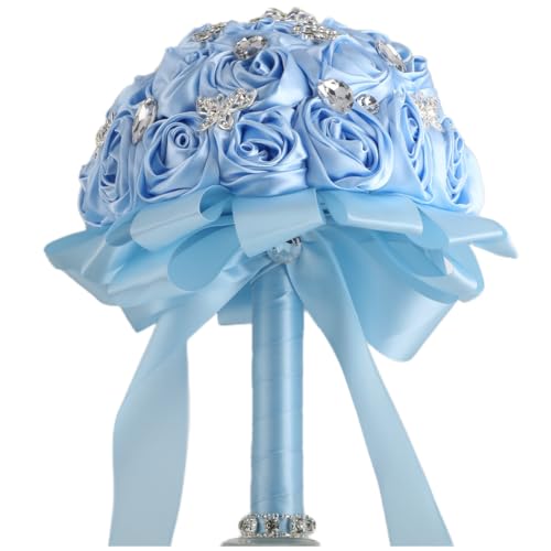 "Mhojpik 7.5"" Light Blue Bridal Wedding Bouquet Throw Toss Artificial Rose Flower Bunch with Bling Brooch for Bride Bridesmaid Wedding Quinceanera"