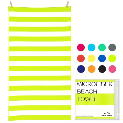 Your Choice Microfiber Beach Towel Sand-Free 60x30 Light Green Stripe - Oversized Compact Lightweight Recycled Towel, Ideal for Pool, Camping, Travel & Beach Days