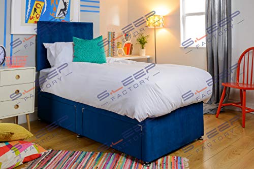 Sleep Factory - 3FT Single Divan Bed with Mattress - 196cm x 91cm Adults or Kids Bed & Mattress Sets - Luxury Plush Single Mattress, Bed Base with Drawers & Headboard - 2 Drawers, Royal Blue