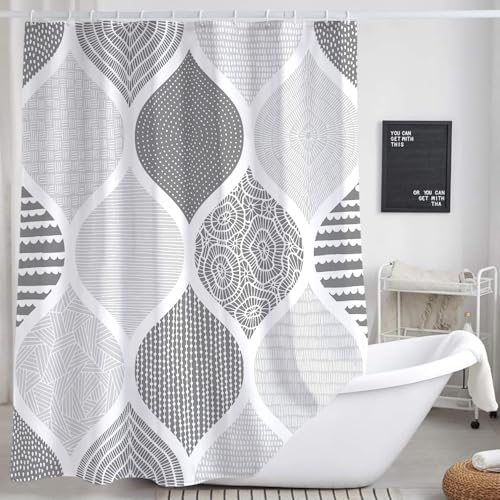 JAWO Grey Shower Curtain, Gray Retro Bohemian Geometric Fabric Shower Curtains Set for Bathroom Decorative, Boho Modern Abstract Paisley Restroom Decor Accessories with Hooks 60X72 Inch