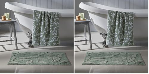 Dreams & Drapes Leaf Bath Mat – Sage Green Botanical Bathroom Rug – 100% Cotton Soft Touch – Absorbent Non-Slip Mat for Bath & Shower – 50 x 80cm – Floral Bathroom Accessory (Pack of 2)