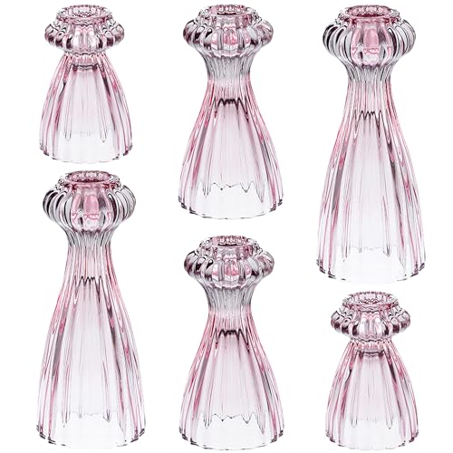 Lysenn Glass Candle Stick Holder Set of 6 ??? Premium Taper Candle Holders for Romantic Ambiance - Candle Sticks Holder Decor for Special Occasions - Pink