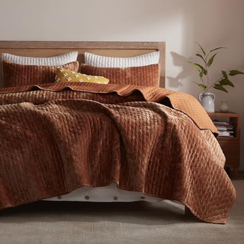LEAONME Velvet Quilt King Size 98''x106'', Lightweight Burnt Orange Velvet Comforter Set with 2 Matching Shams, Soft Cross Stitch Bedspread Coverlet Bedding Set for All Season
