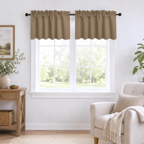 Aquazolax Valance Curtains for Kitchen Blackout Thermal Insulated Short Small Window Curtain Valance, 52 x 14 Inches, 2 Panels Taupe