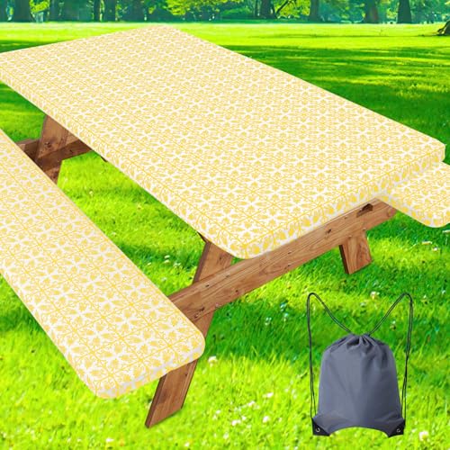 "misaya Picnic Table Cover with Bench Cover, Waterproof Elastic Fitted Tablecloth for 8 Foot Tables, Rectangle Washable Polyester Tablecloths for Picnic, Camping, Outdoor (Yellow, 30"" x 96"")"