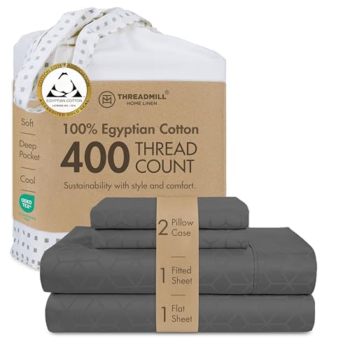 Threadmill Home Linen King-Size Sheets - Certified 100% Egyptian Cotton 400 Thread Count, 4 Piece Dark Grey Bedding Set, Comfortable ELS Combed Cotton, Jacquard Sheets with Elasticized Deep Pocket