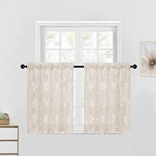 DWCN 2 Pack Beige Floral Lace Small Short Sheer Curtains for Kitchen - Light flitering Transparent Rod Pocket Half Window Sheer Curtains for Small Window Living Room Cafe, 30 x 36 inch, Beige