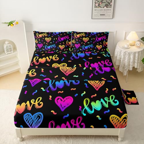 "QOOMO Color Heart Print 4 Piece Kids Sheet Twin Size, Love Print Bedding Sheet Set,Boys Printed Flat Sheet Fitted Sheet with 16"" Deep Pocket,100% Microfiber Ultra Soft and Skin Friendly"