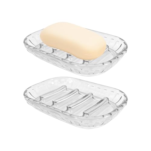AMUONTY 2 Pack Soap Dish Holder for Bar Soap, Bathroom Soap Dishes Bar Soap Holder Tray, Soap Dishes for Shower Bathroom, Kitchen Sink Soap Dish, Clear