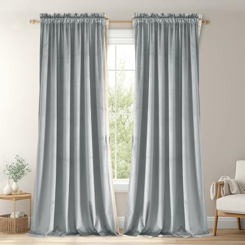 JIUZHEN Silver Grey Velvet Curtains 108 Inch Long Rod Pocket Blackout Thermal Insulated Cortinas Soundproof Curtains for Sliding Glass Doors, Bedroom Curtains 2 Panel Sets, 52W x 108L