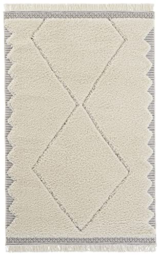 Mint Rugs Ciret High Pile Living Room Rug with Fringe, Soft Fluffy Long Pile Shaggy Flokati Skandi Diamond Pattern for Kitchen, Hallway or Bedroom, High-Low Structure, Cream Grey, 80 x 150 cm